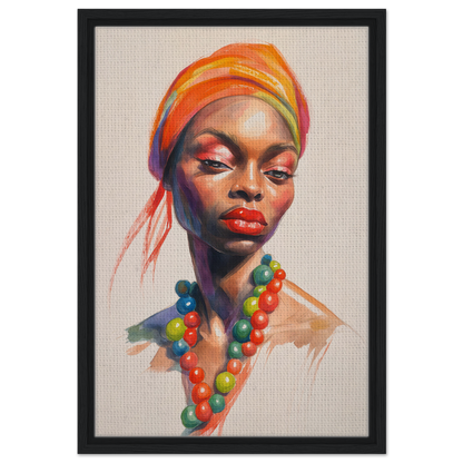 Vibrant portrait of a woman in colorful headwrap and beaded necklace, Embers of Identity framed canvas print