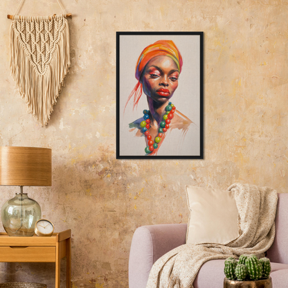 Framed portrait of a woman in an orange headwrap, enhancing natural wood room decor