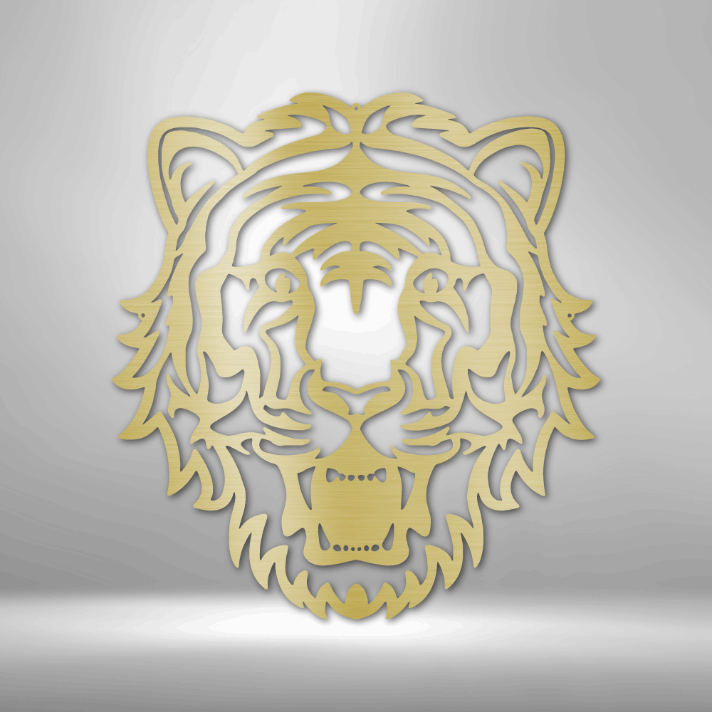 Stylized golden tiger head design with intricate cutout details.