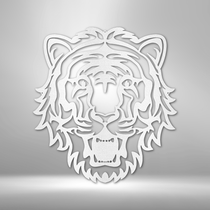 Stylized white tiger head with an open mouth, rendered in a 3D paper-cut or relief style.