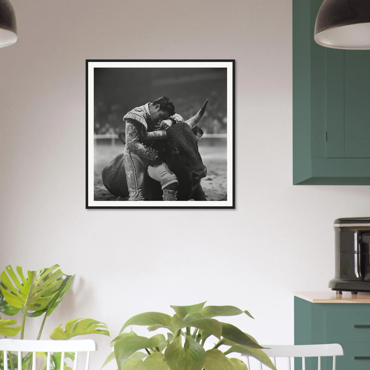 Framed black and white art of a baseball player with a bull mascot for Embrace of Epiphanies