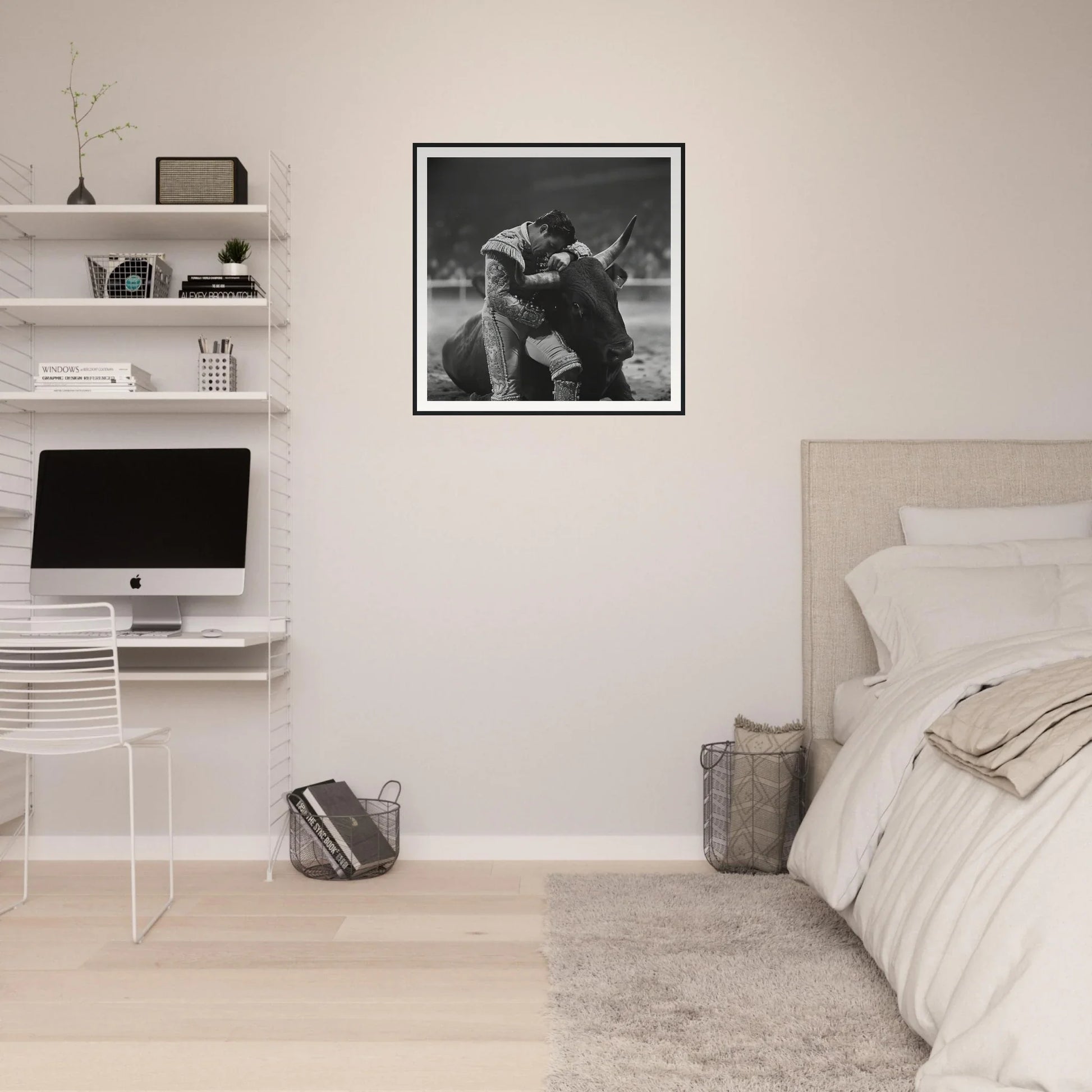 Stylish minimalist bedroom with floating shelves and Embrace of Epiphanies framed wall art