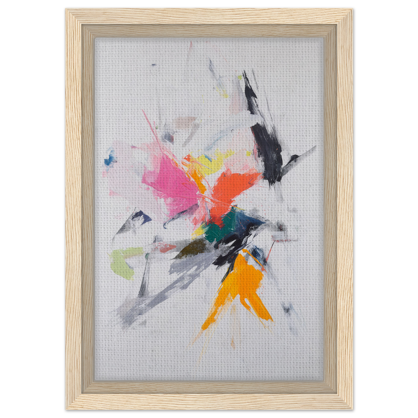 Abstract painting with colorful splashes in a light wooden frame, Emergent Ecstasy Euphony