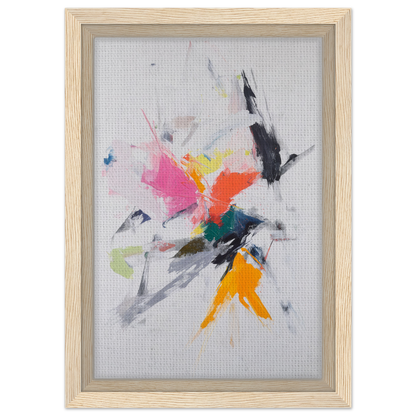 Abstract painting with colorful splashes in a light wooden frame, Emergent Ecstasy Euphony