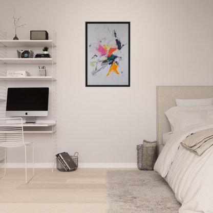 Modern bedroom with minimalist decor and Ecstasy Euphony artwork enhancing room decor