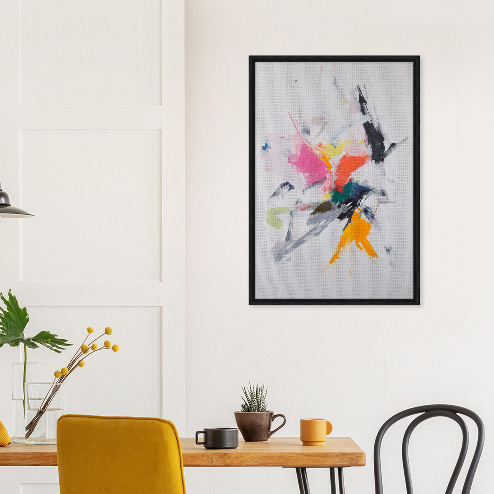 Abstract painting with colorful splashes in a black frame for Emergent Ecstasy Euphony room decor