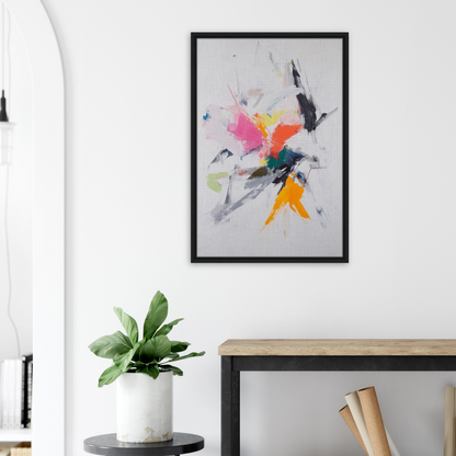 Abstract painting with colorful splashes in black frame, ideal for Emergent Ecstasy Euphony room decor