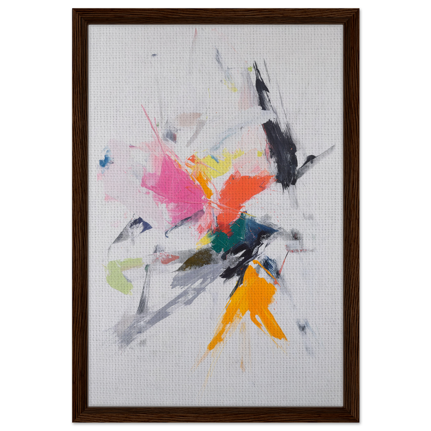 Abstract painting with vibrant splashes in a wooden frame, Emergent Ecstasy Euphony