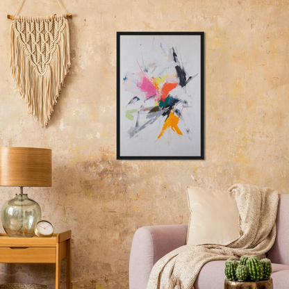 Framed abstract painting showcasing vibrant splashes, perfect for Emergent Ecstasy Euphony room decor