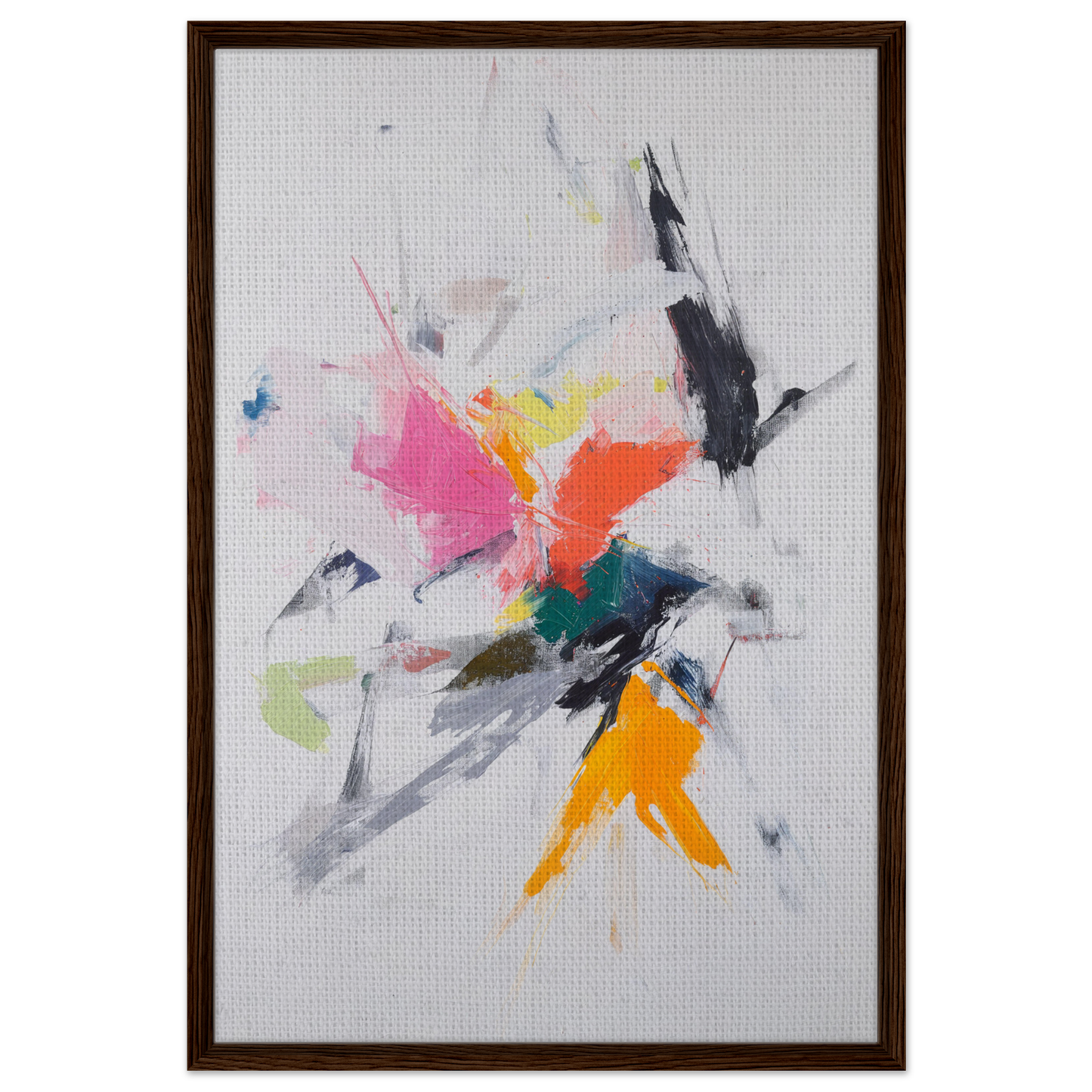 Abstract painting with colorful brushstrokes in brown frame for Emergent Ecstasy Euphony room decor