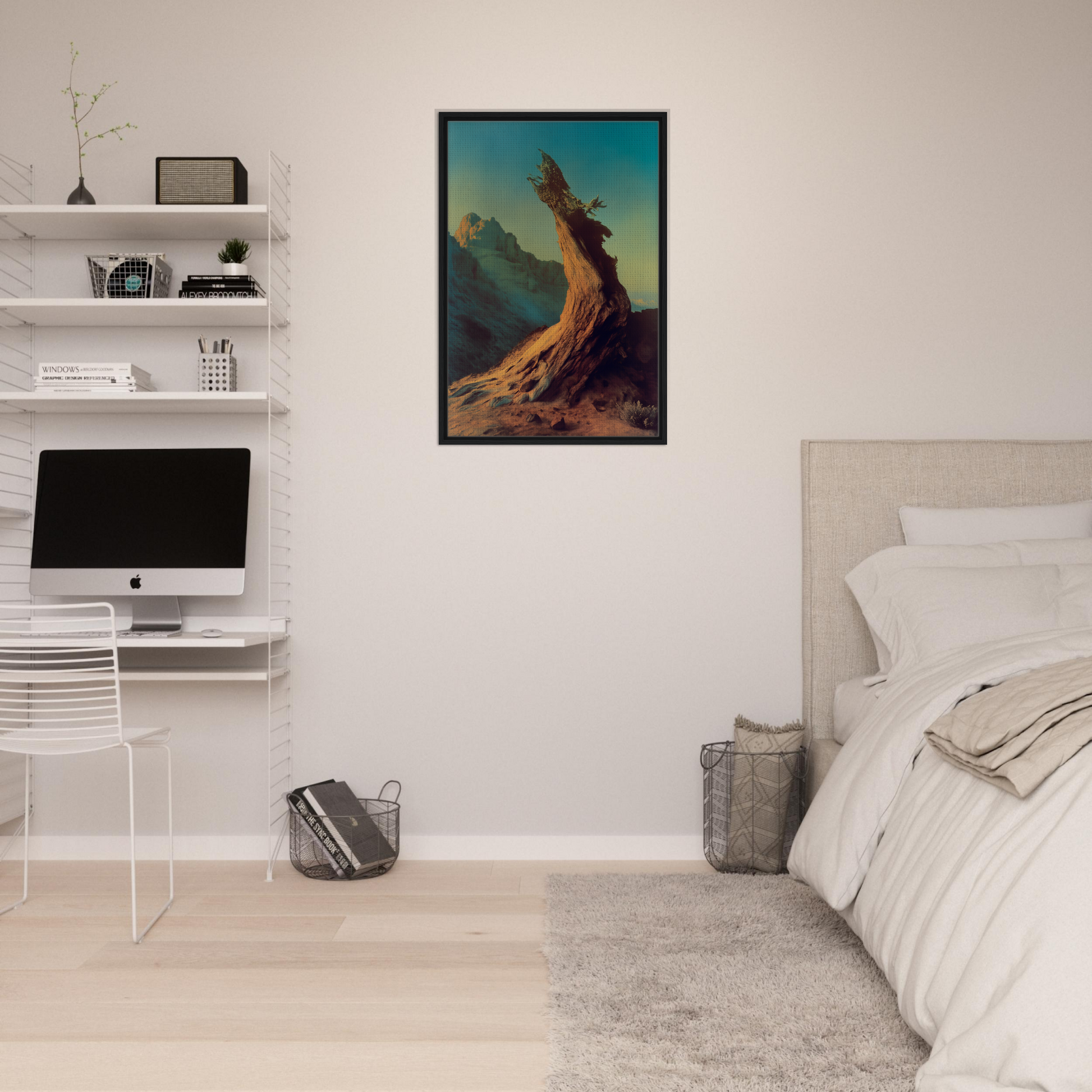 Framed artwork of a twisted tree against a colorful sky for enduring sentinel’s waltz room decor