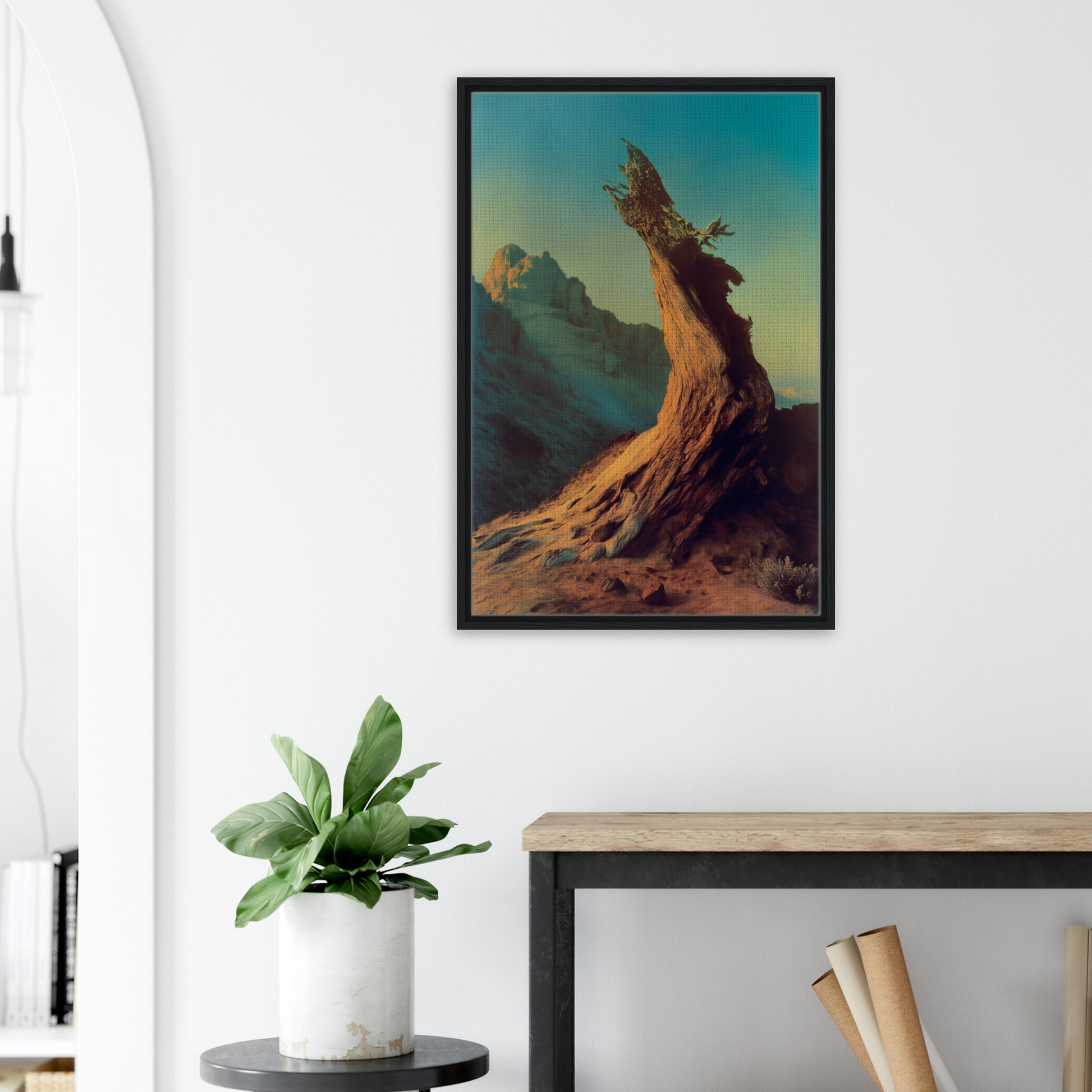 Framed artwork of a gnarled tree trunk against a colorful sky for enduring sentinel’s waltz room decor