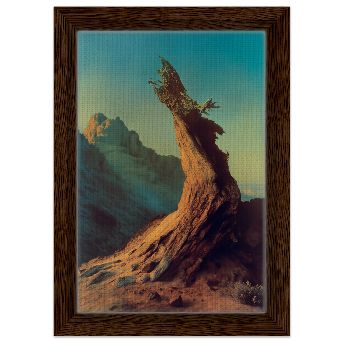 Gnarled tree stump illuminated in warm light, ideal for Enduring Sentinel’s Waltz room decor