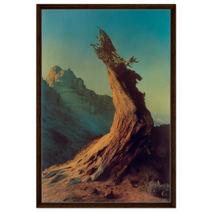 Gnarled tree trunk against a colorful sky featured in Enduring Sentinel’s Waltz framed canvas print