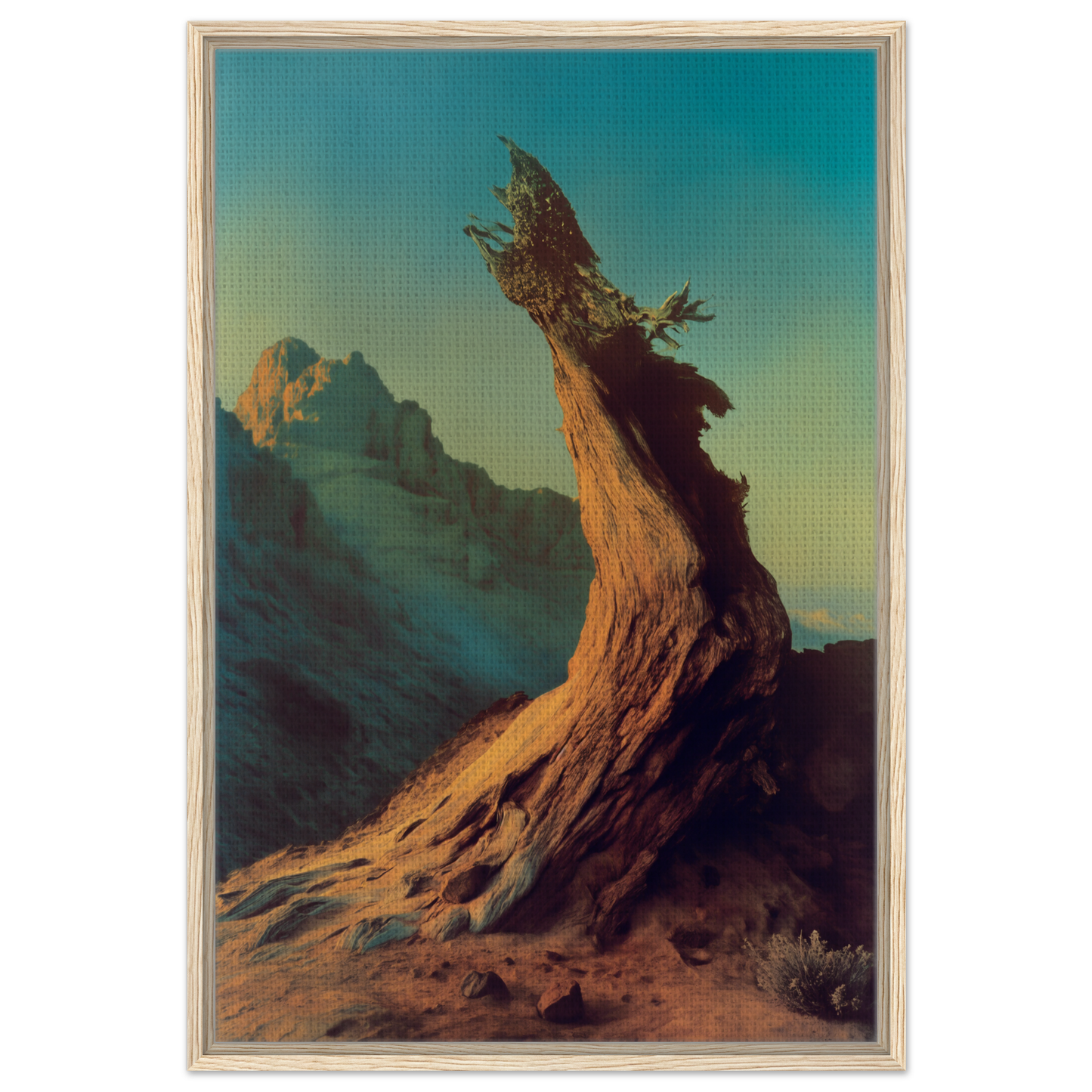 Gnarled tree stump silhouette against a colorful sky in Enduring Sentinel’s Waltz art piece