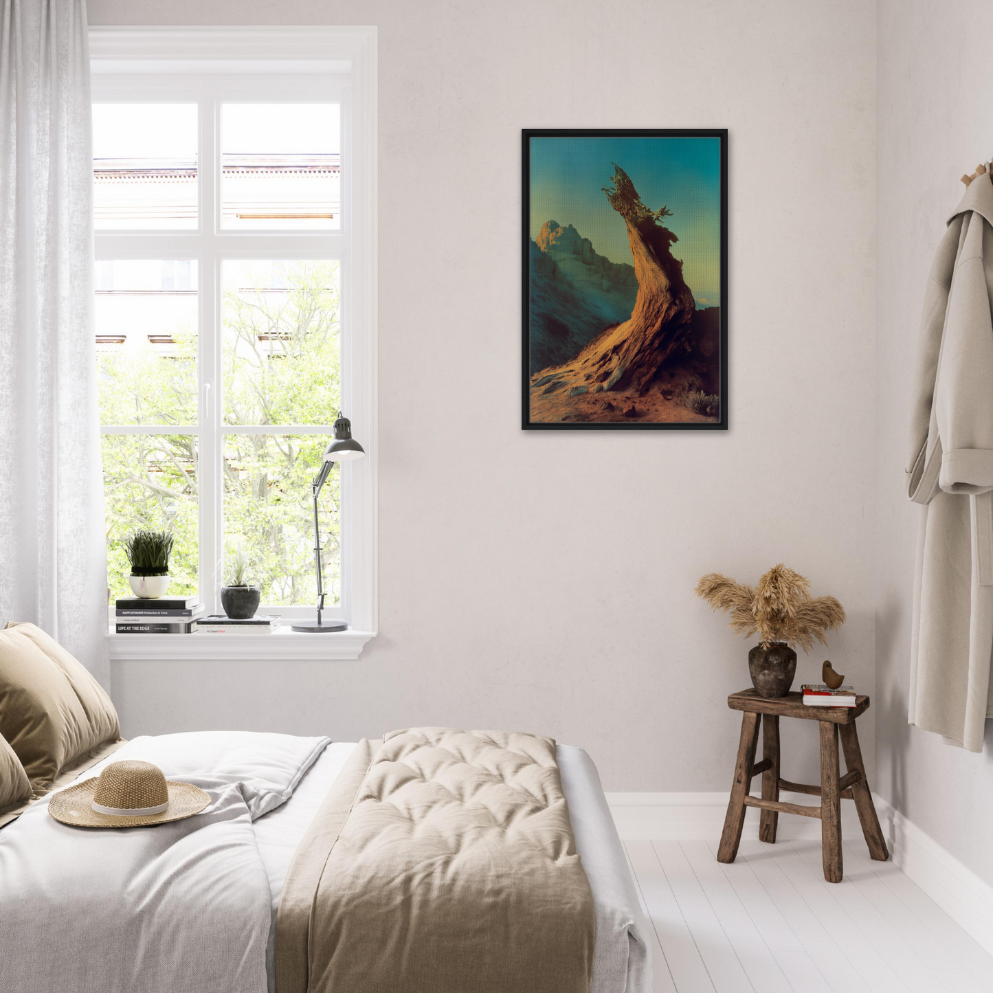 Cozy bedroom featuring white decor and Enduring Sentinel’s Waltz framed canvas print