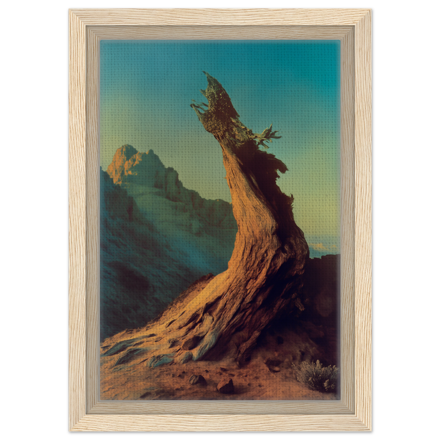 Twisted weathered tree stump against a colorful sky for Enduring Sentinel’s Waltz room decor