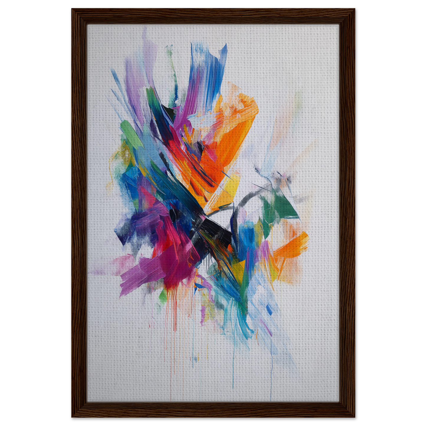 Colorful abstract painting titled Energetic Color Odyssey in dark wood frame for room decor