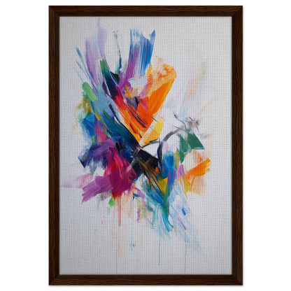 Colorful abstract painting titled Energetic Color Odyssey in dark wood frame for room decor