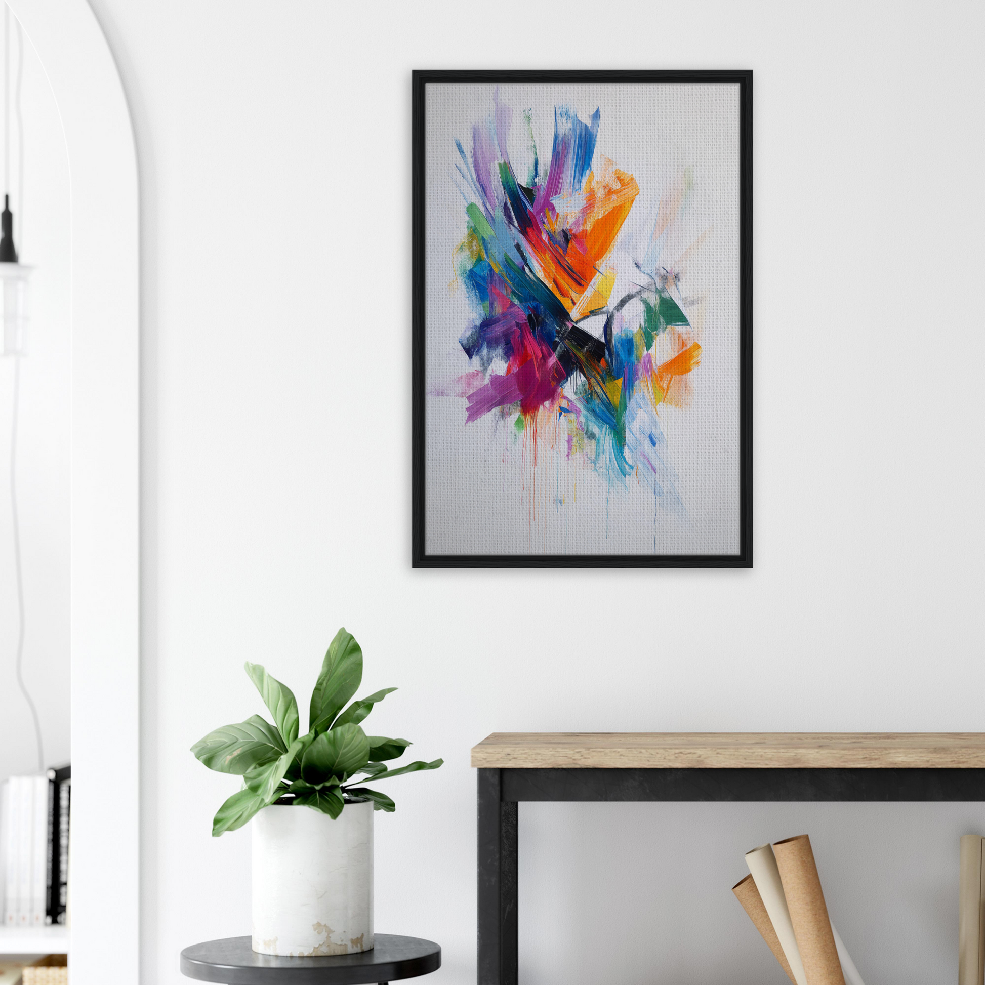 Colorful abstract painting in a black frame, part of Energetic Color Odyssey room decor