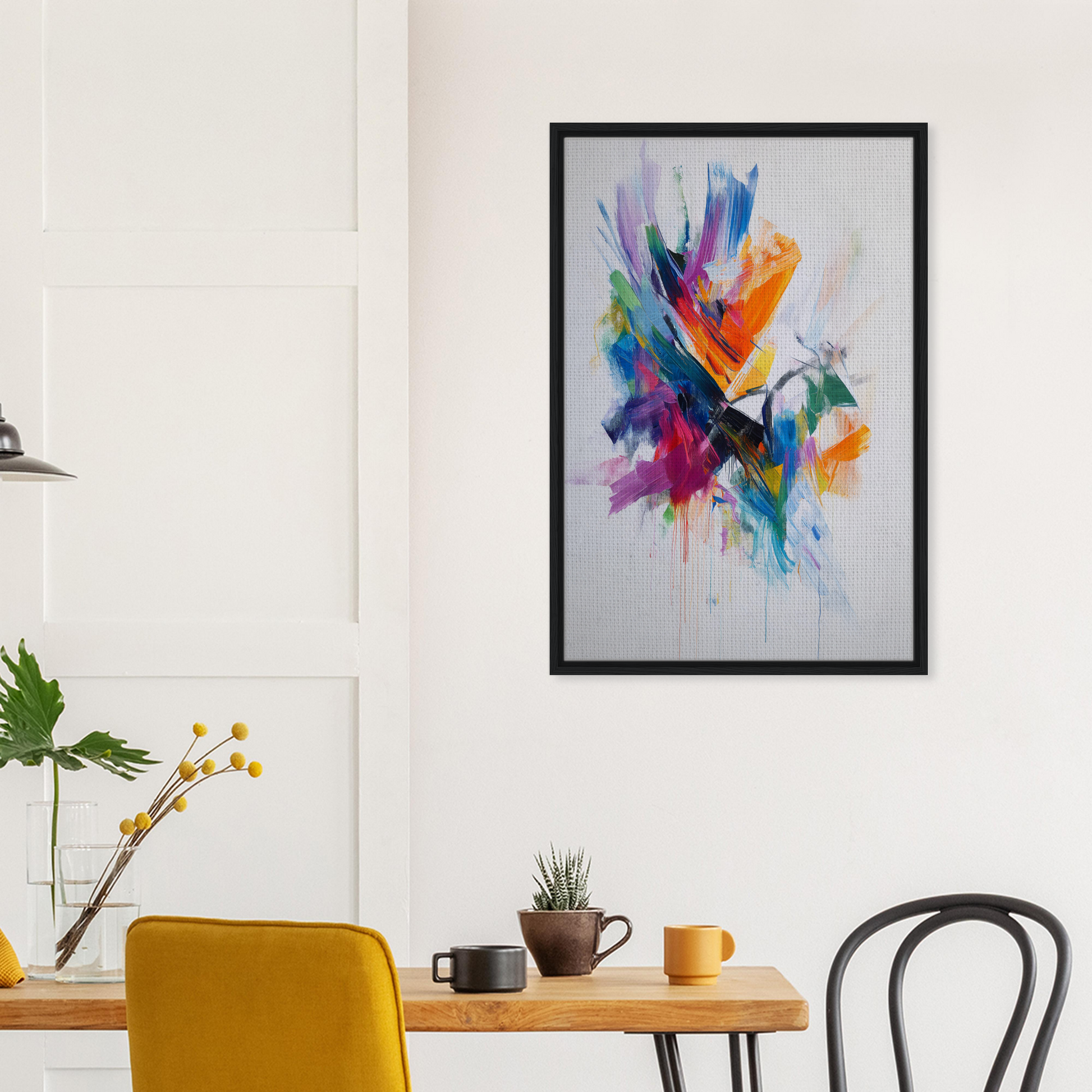 Colorful abstract painting in black frame, part of Energetic Color Odyssey room decor