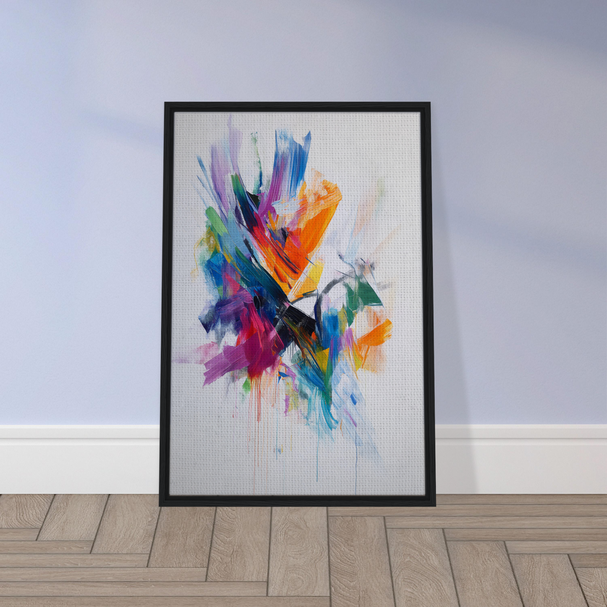 Framed canvas art titled Energetic Color Odyssey showcasing vibrant, colorful brushstrokes