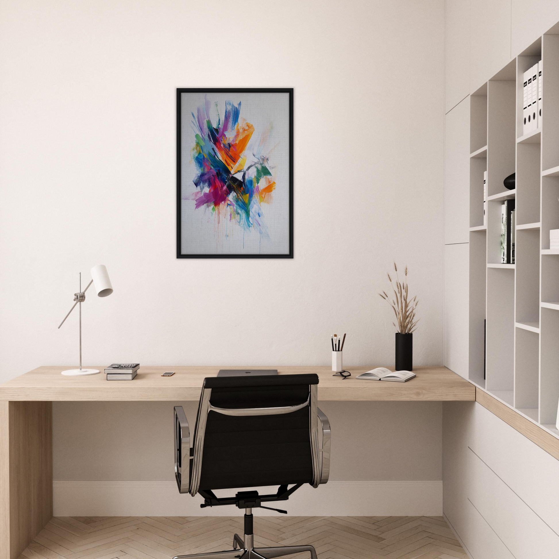 Minimalist home office featuring Energetic Color Odyssey framed canvas art