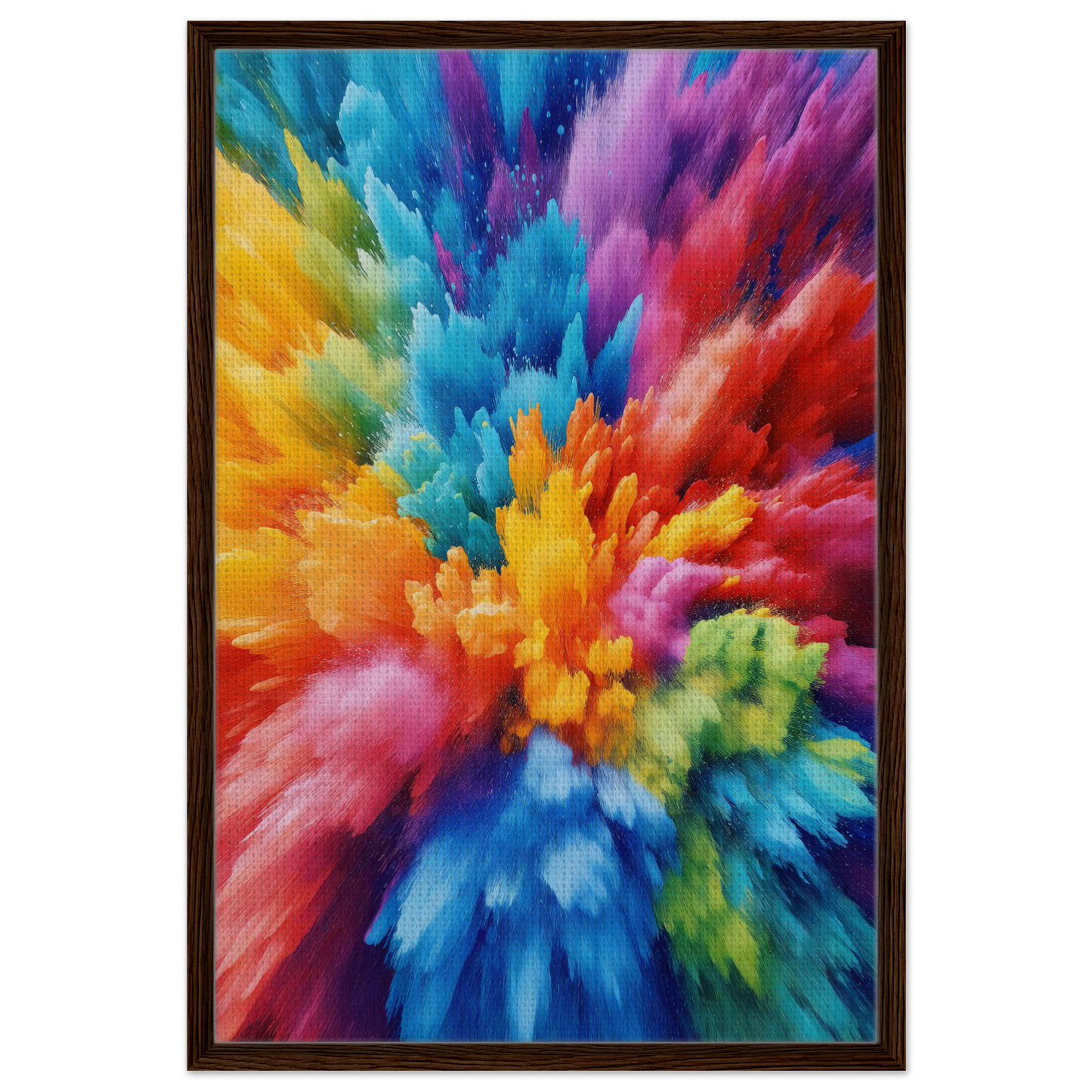 Vibrant abstract paint explosion centered in Energetic Hue Symphony framed canvas print