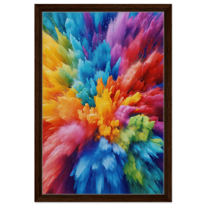 Vibrant abstract painting in wood frame, Energetic Hue Symphony by Fashion Oracle