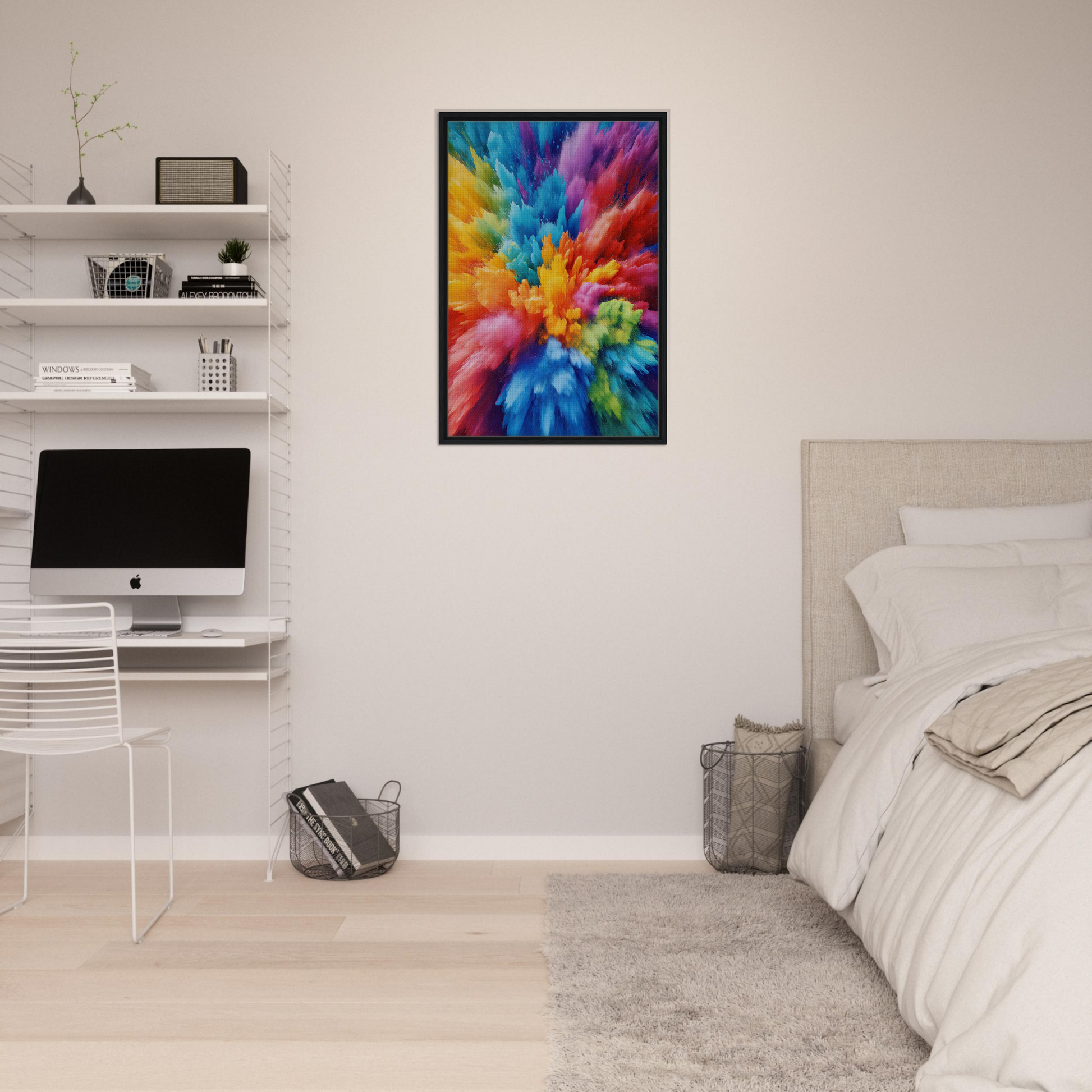 Energetic Hue Symphony vibrant abstract painting in black frame for stylish room decor