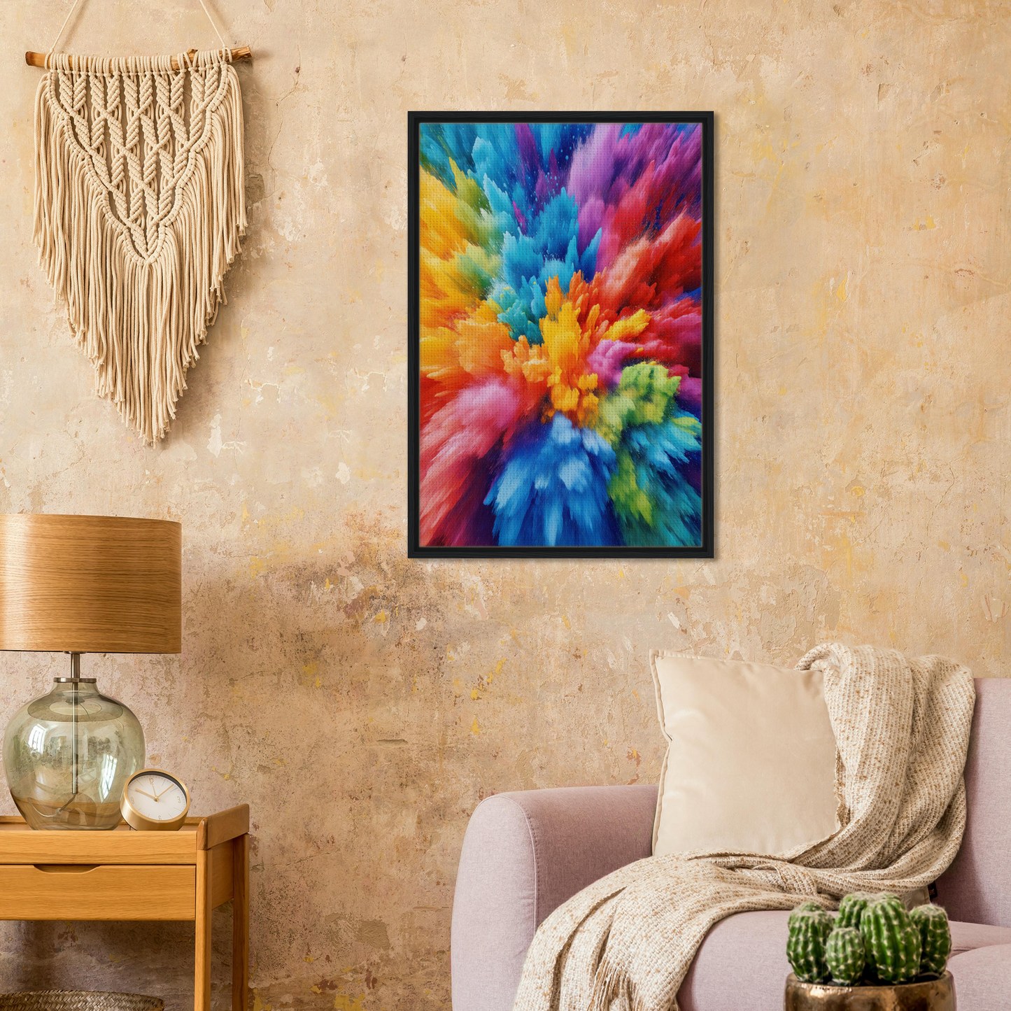 Vibrant abstract painting with rainbow hues in Energetic Hue Symphony framed canvas print