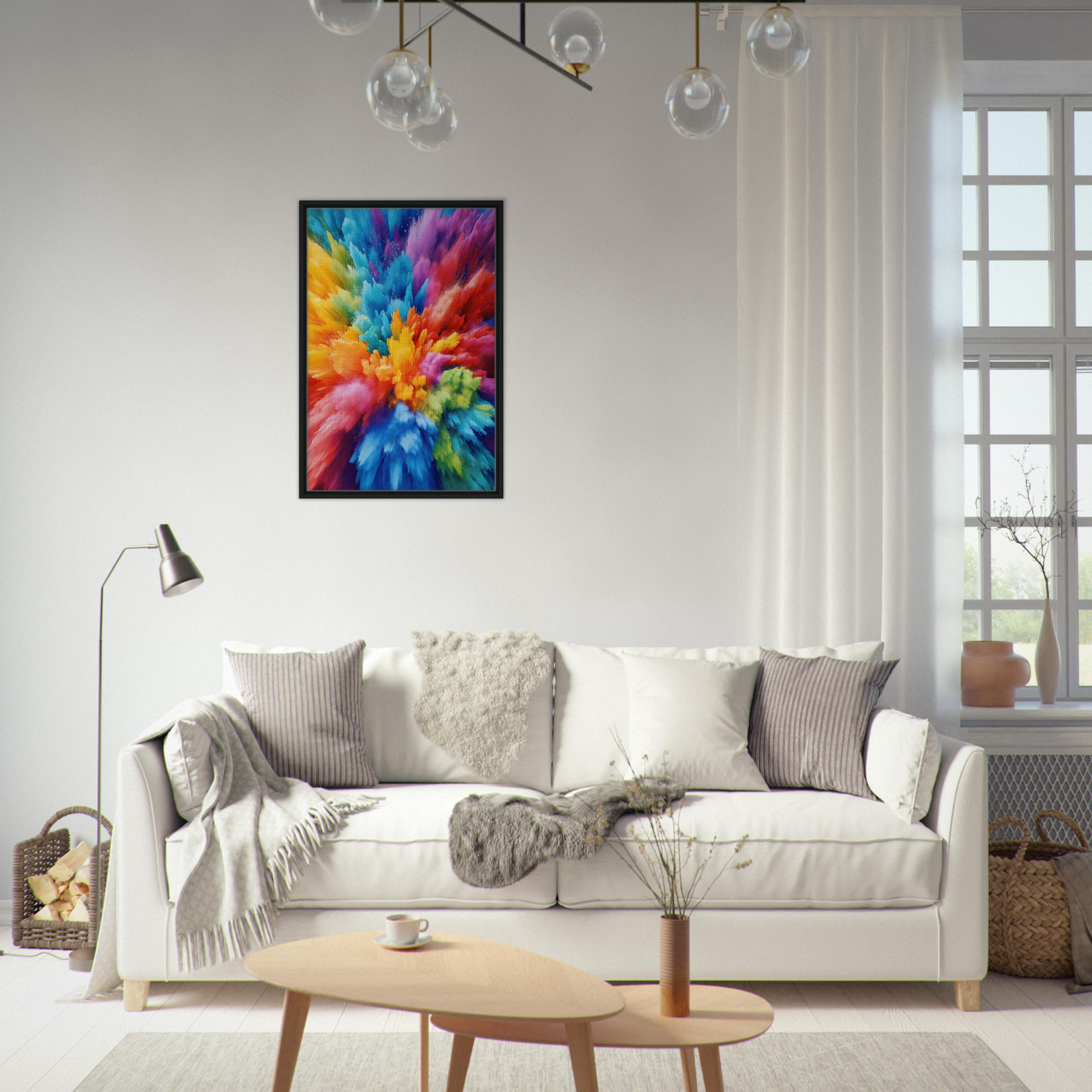 Vibrant abstract painting in black frame for Energetic Hue Symphony room decor