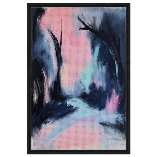 Abstract painting with swirling pink, blue, and black tones for Enigmatic River Dream room decor