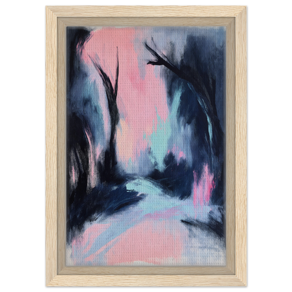 Abstract painting of a moody forest scene in pink and blue for Enigmatic River Dream decor