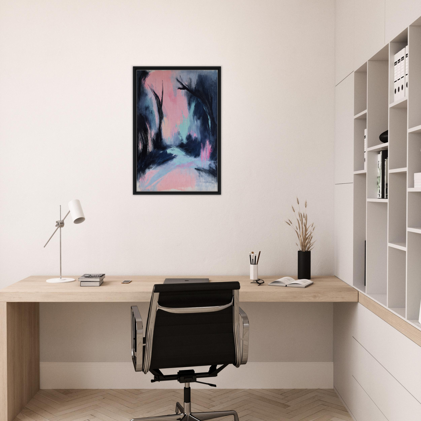 Minimalist home office with desk, chair, and Enigmatic River Dream wall decor