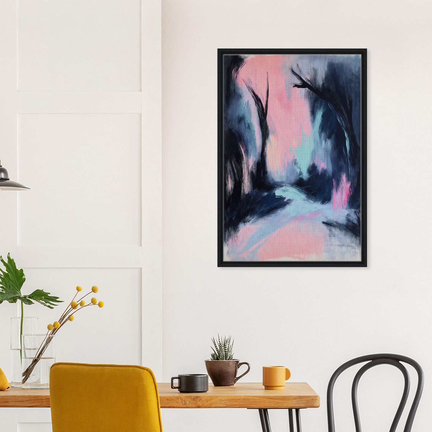 Abstract landscape painting in black frame featuring ethereal colors for Enigmatic River Dream