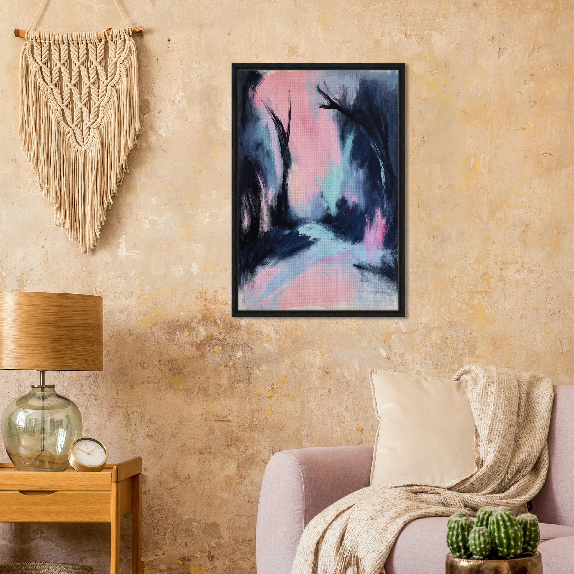 Framed abstract painting Enigmatic River Dream with dark silhouettes on pink blue background