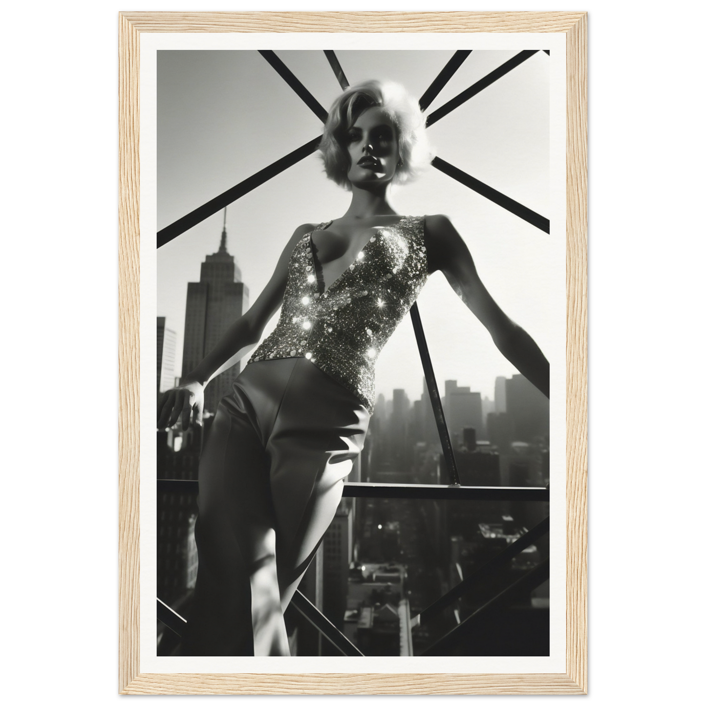 Black and white photograph of a woman in a glittery bodysuit posing against a city skyline.