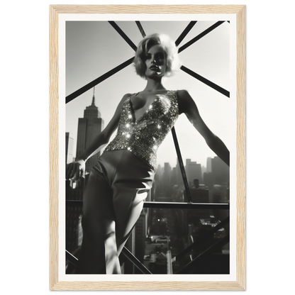 Black and white photograph of a woman in a glittery bodysuit posing against a city skyline.