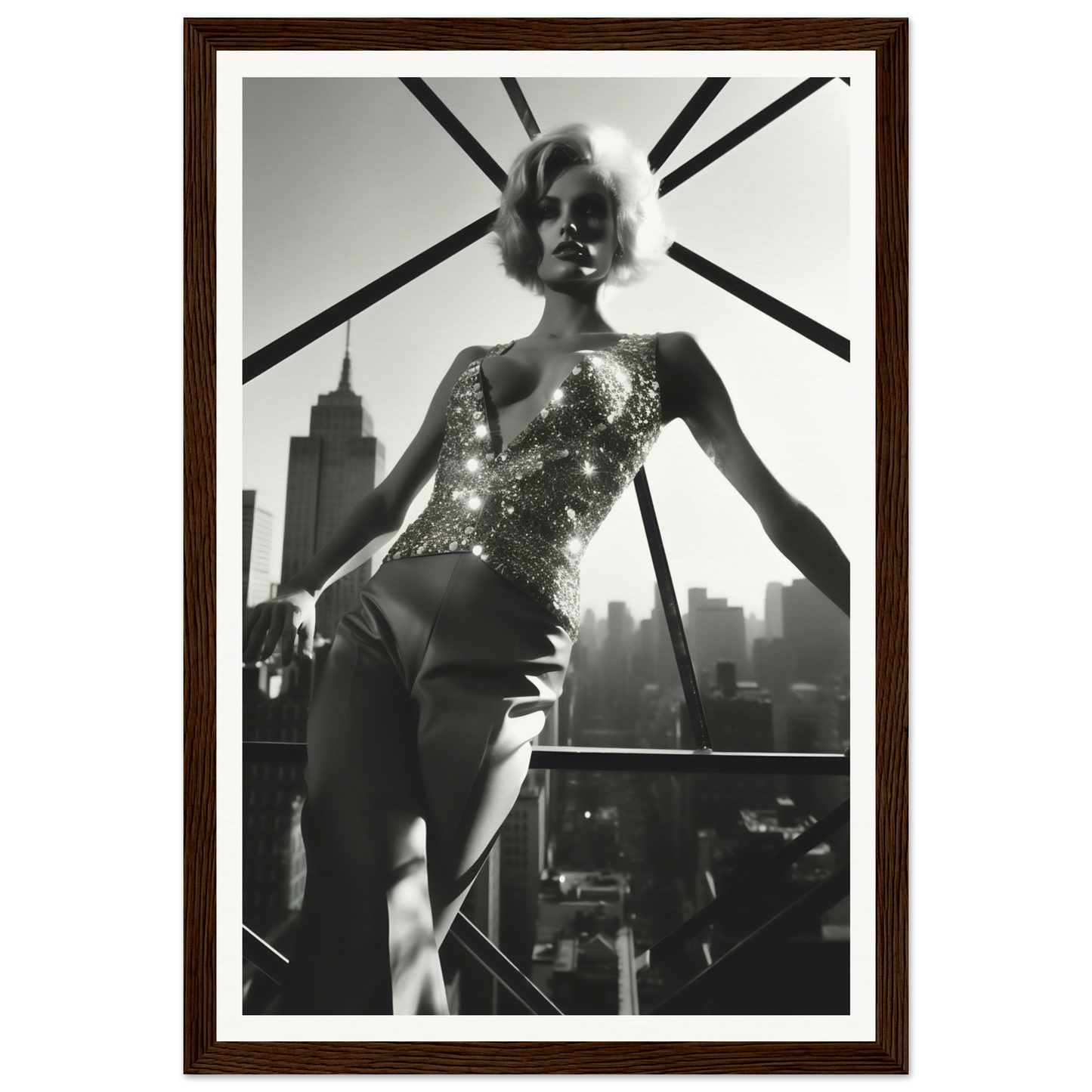 Black and white photograph of a woman in a glittery bodysuit posing against a city skyline.