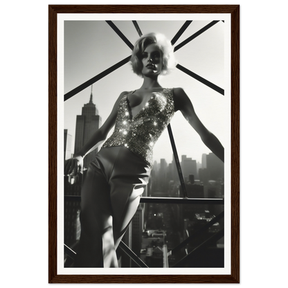 Black and white photograph of a woman in a glittery bodysuit posing against a city skyline.