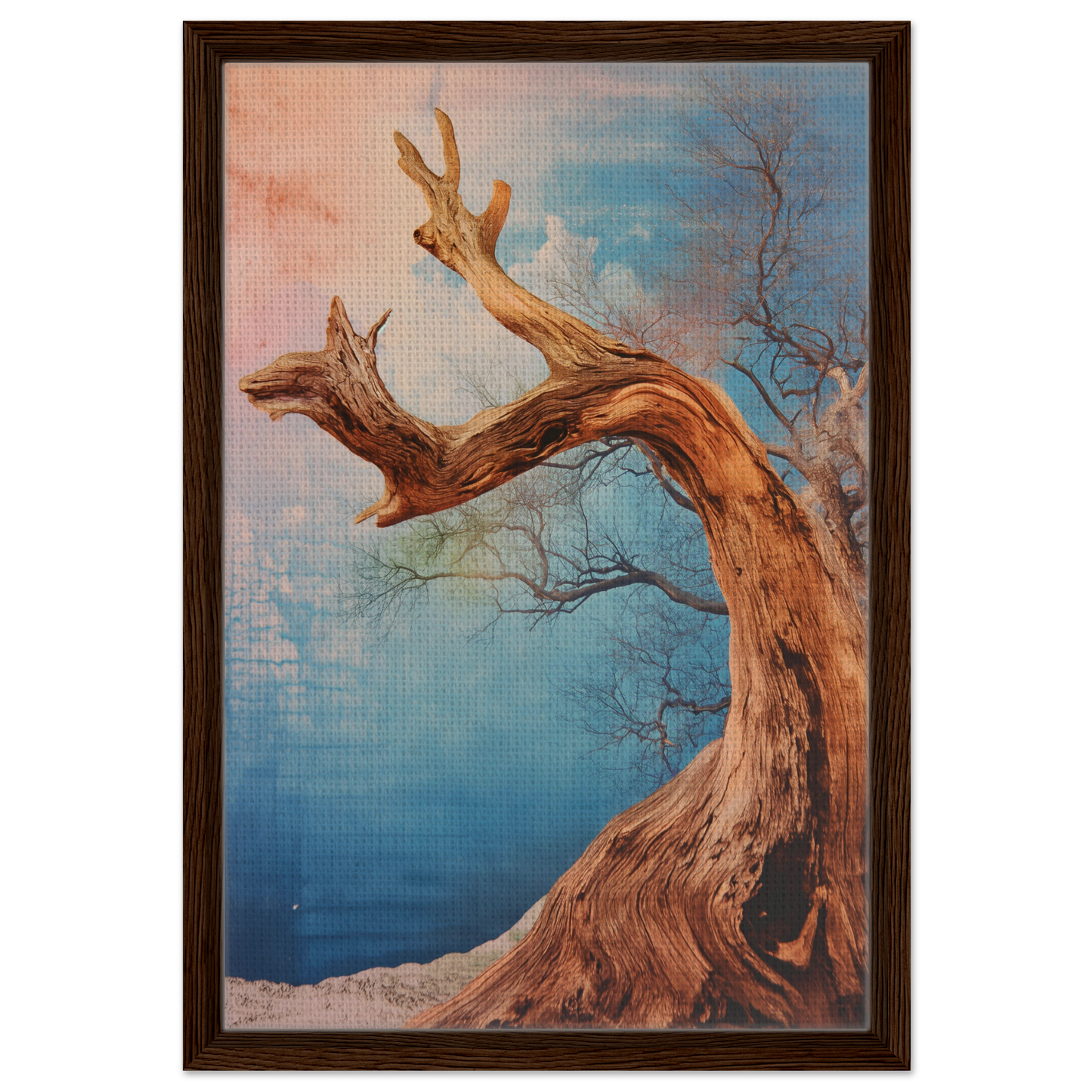 Gnarled tree with bare branches against a colorful sky in Ephemeral Arboreal Symphony framed canvas wall art