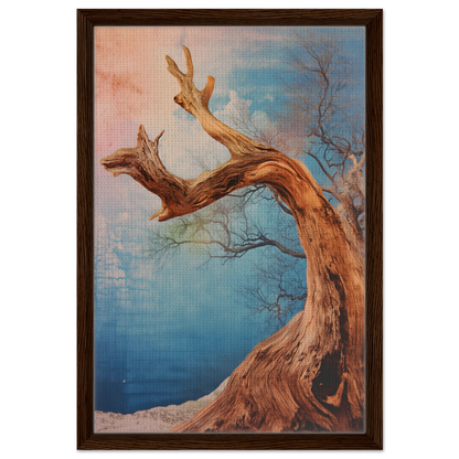 Gnarled tree with bare branches against a colorful sky in Ephemeral Arboreal Symphony framed canvas wall art