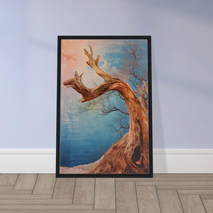 Framed canvas wall art of a twisted tree against a blue and pink sky, Ephemeral Arboreal Symphony