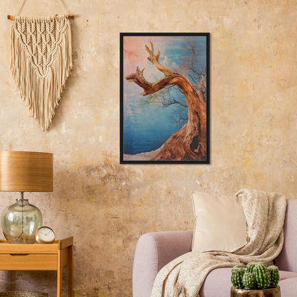 Framed canvas wall art of a twisted tree and white rabbit in Ephemeral Arboreal Symphony