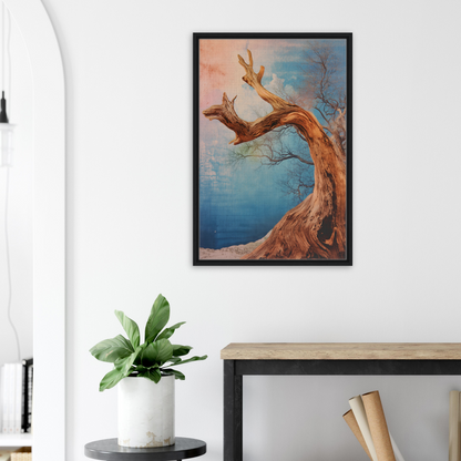 Framed canvas wall art featuring a gnarled tree against a colorful sky in Ephemeral Arboreal Symphony