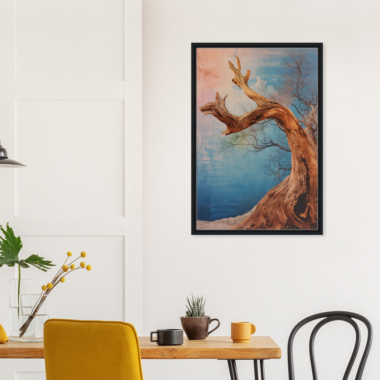 Framed canvas wall art of twisted tree against blue and orange sky in Ephemeral Arboreal Symphony