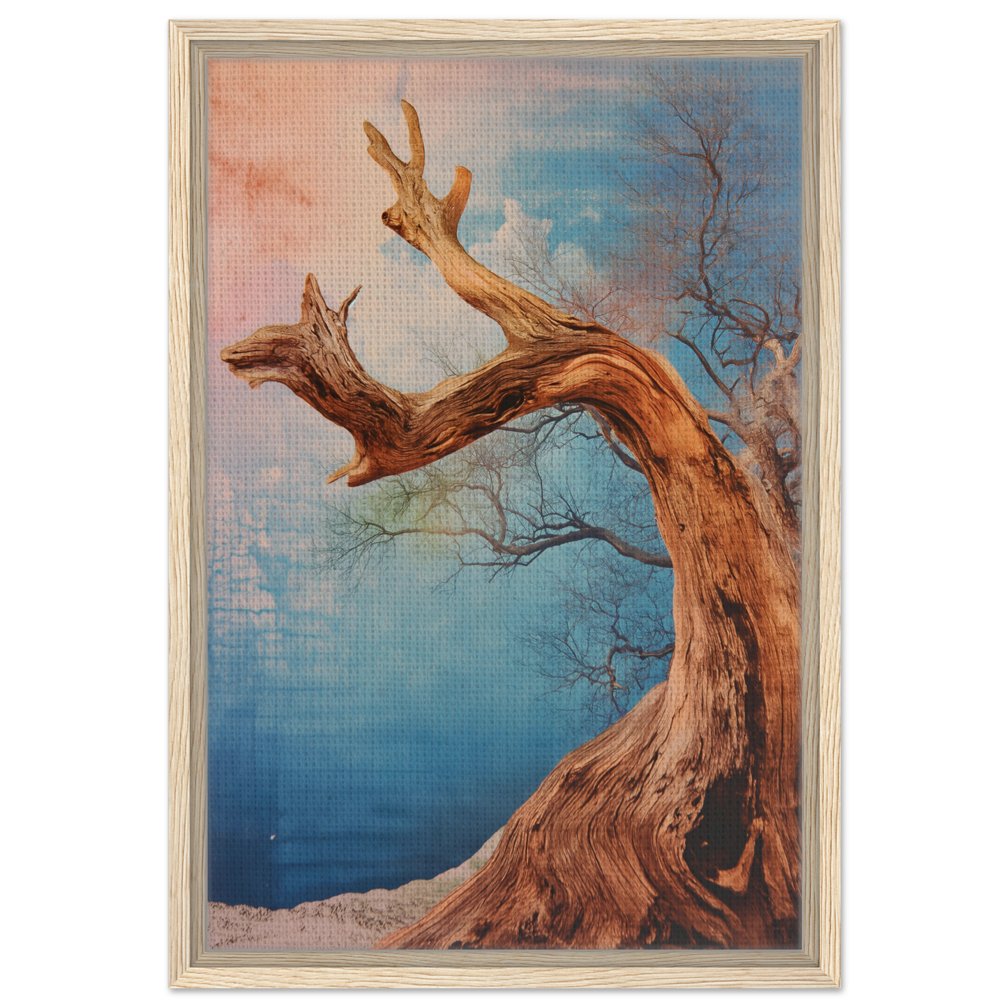 Gnarled tree with bare branches against a colorful sky for Ephemeral Arboreal Symphony framed canvas print