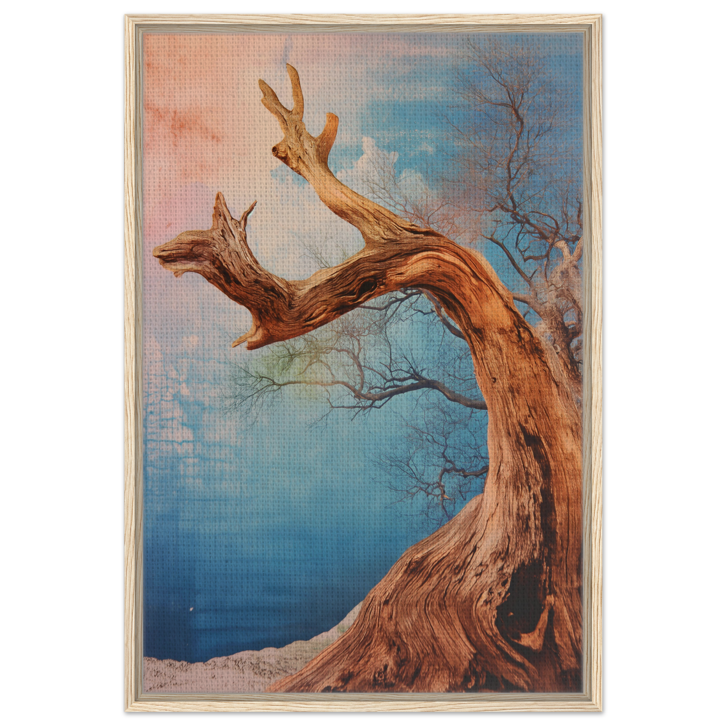 Twisted gnarled tree with bare branches in Ephemeral Arboreal Symphony framed canvas print