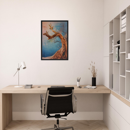 Minimalist home office featuring Ephemeral Arboreal Symphony framed canvas wall art